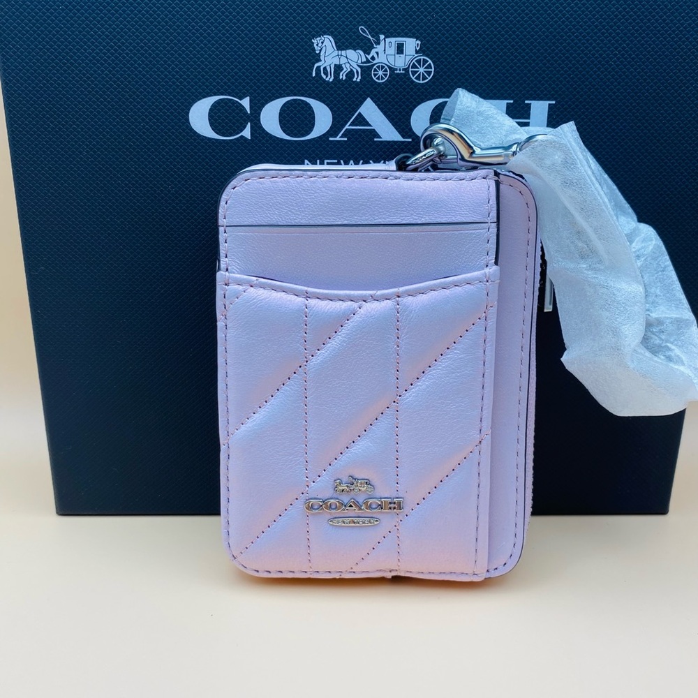 Coach Pearlized Leather Zip Card Case Silver/Pink